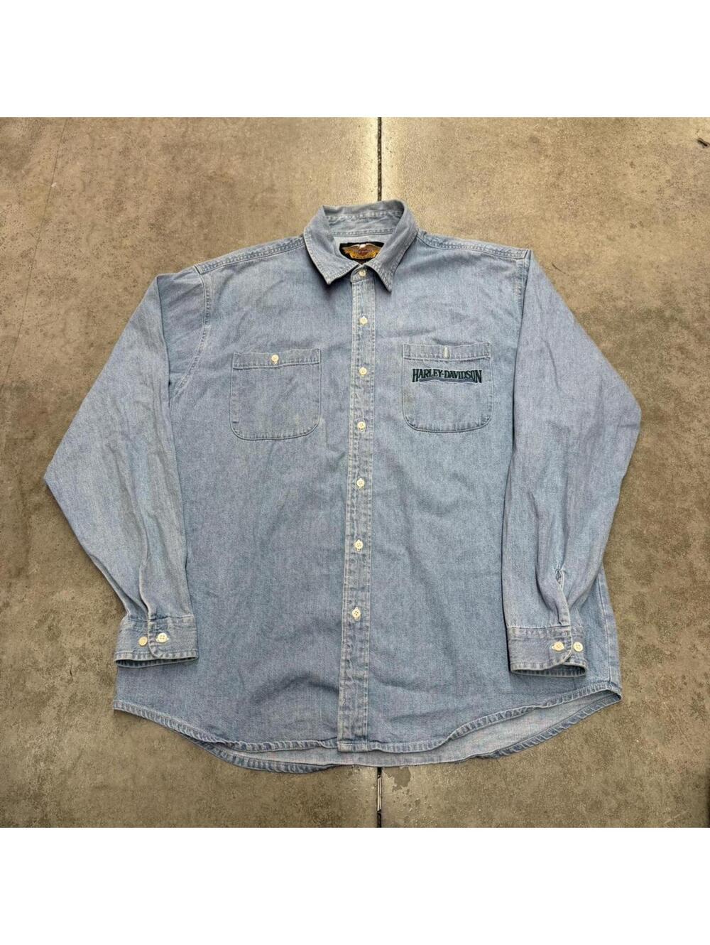 vintage harley davidson button down blue shirt size xl HAS STAIN